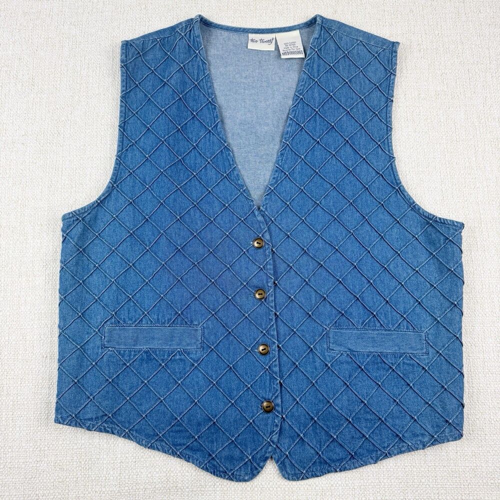 Vintage Two Twenty Jean Vest Womens Medium Button Front Tie Back Blue Denim
